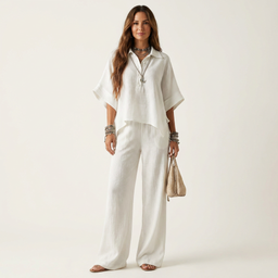 Two Piece Set | Half-Sleeve Shirt-Collar Blouse, Wide-Leg Pants 8