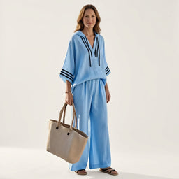 Two Piece Set | Hooded V-Neck Pullover, Wide-Leg Pants 6