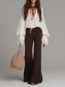 Two Piece Set | Lace-Up Blouse, Wide Leg Flare Pants 0