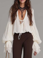 Two Piece Set | Lace-Up Blouse, Wide Leg Flare Pants 1
