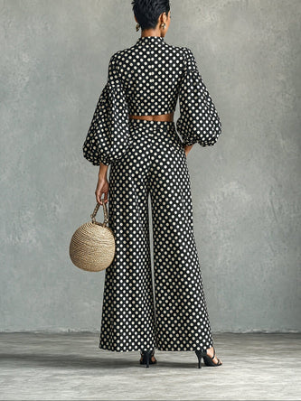 Two Piece Set | Puff Sleeve Crop Top, Wide Leg Palazzo Pants 1