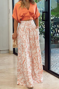 Two Piece Set | V-Neck Crop Top, High-Waisted Wide Leg Pants 0