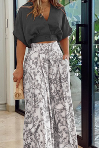 Two Piece Set | V-Neck Crop Top, High-Waisted Wide Leg Pants 1