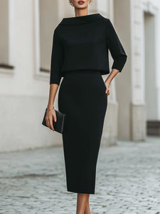 Two Piece Skirt Set | Boat Neck Top, Midi Length Skirt 0