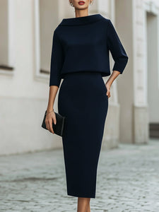 Two Piece Skirt Set | Boat Neck Top, Midi Length Skirt 8