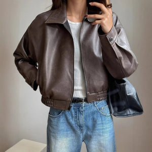 Women's Cropped Leather Bomber Jacket with Zip-Up Front for Casual Style 0
