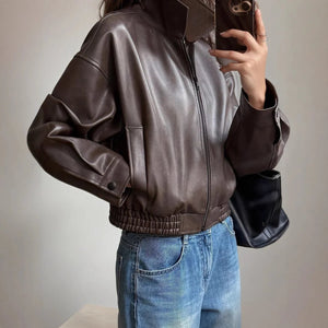 Women's Cropped Leather Bomber Jacket with Zip-Up Front for Casual Style 1