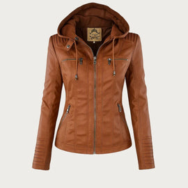 Women's Hooded Leather Moto Jacket - Stylish Zip Front Design, Edgy Look, Perfect for Autumn/Winter 0