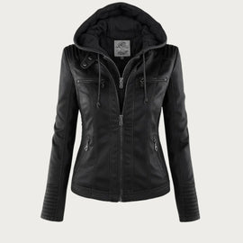 Women's Hooded Leather Moto Jacket - Stylish Zip Front Design, Edgy Look, Perfect for Autumn/Winter 1