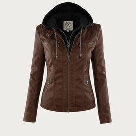 Women's Hooded Leather Moto Jacket - Stylish Zip Front Design, Edgy Look, Perfect for Autumn/Winter 2