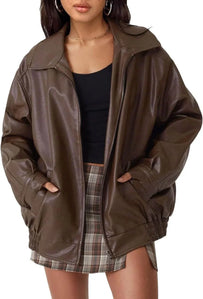 Women's Oversized Leather Bomber Jacket with Zip-Up Closure - Stylish Womens Coats for Casual and Streetwear 0