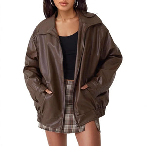Women's Oversized Leather Bomber Jacket with Zip-Up Closure - Stylish Womens Coats for Casual and Streetwear 1