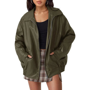 Women's Oversized Leather Bomber Jacket with Zip-Up Closure - Stylish Womens Coats for Casual and Streetwear 6