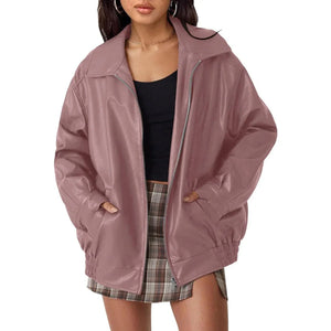 Women's Oversized Leather Bomber Jacket with Zip-Up Closure - Stylish Womens Coats for Casual and Streetwear 7