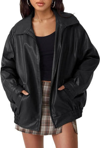 Women's Oversized Leather Bomber Jacket with Zip-Up Closure - Stylish Womens Coats for Casual and Streetwear 8