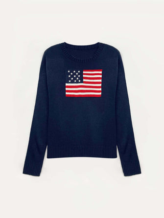 Women's Slim Fit Knitted Sweater with American Flag Motif - Casual Autumn Winter Wear 0
