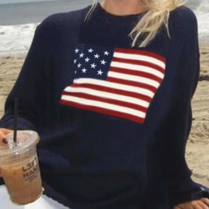Women's Slim Fit Knitted Sweater with American Flag Motif - Casual Autumn Winter Wear 1