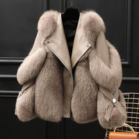 Women's Vegan Leather Jacket with Oversized Faux Fur Collar - Stylish Women's Jacket for Autumn/Winter 0