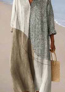 Womens Dress | V-Neckline, Asymmetrical Print Blocking 0