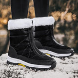 Fur Collar Snow Boots for Women Tall Zip Up Winter Boots in black