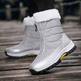 Fur Collar Snow Boots for Women Tall Zip Up Winter Boots in grey