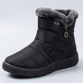 Fur Lined Ankle Boots for Women Side Zip Quilted Snow Boots in black