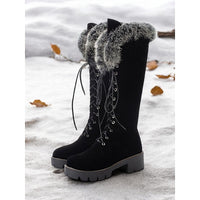 Knee High Lace Up Boots for Women Faux Fur Cuff Winter Boots in black
