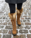 Camel lace-up winter boots with faux fur cuff in the snow, Lauren Boutique footwear