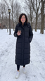 Customer wearing the full length puffer coat