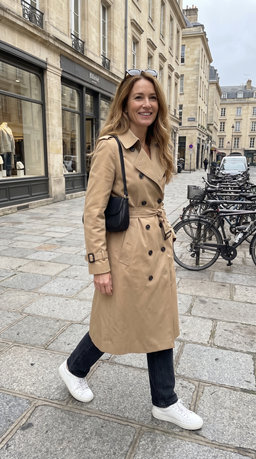 Customer wearing the double-breasted trench coat