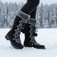 Tall Lace Up Winter Boots for Women Pom Pom Snow Boots in black
