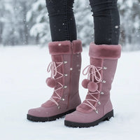 Tall Lace Up Winter Boots for Women Pom Pom Snow Boots in purple