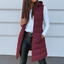 Women's longline zip up puffer vest in burgundy