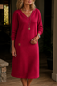 Women's A-Line V-Neck Knit Midi Dress in red