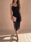 Women's Asymmetric Sequin Bodice Midi Dress with Tie Waist and Side Slit, black