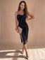 Women's Asymmetric Sequin Bodice Midi Dress with Tie Waist and Side Slit
