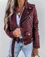 Women's belted biker jacket with notched lapel in red