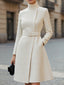 Women's Belted High-Neck Midi Dress with Asymmetric Buttons in white