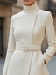 Women's Belted High-Neck Midi Dress with Asymmetric Buttons