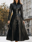 Women's Black Faux Leather Button-Front Midi Shirt Dress in black