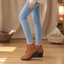 Women's buckle strap hidden wedge ankle boots in brown