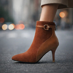 Women's buckle strap kitten heel ankle boots in vintage brown