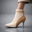 Beige kitten heel ankle boots on a city street