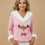 Women's Christmas Sweater with Faux Fur V-Neck and Festive Santa Print in pink