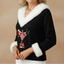 Women's Christmas Sweater with Faux Fur V-Neck and Festive Santa Print in black