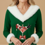 Women's Christmas Sweater with Faux Fur V-Neck and Festive Santa Print in green
