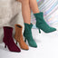 Women's Clear Heel Pointed Toe Ankle Boots shown in three colors