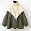 Green and cream color block trench coat shown flat