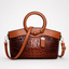Women's Croc-Embossed Vegan Leather Tote Bag with Round Handles and Strap in caramel brown