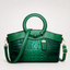 Women's Croc-Embossed Vegan Leather Tote Bag with Round Handles and Strap in emerald green